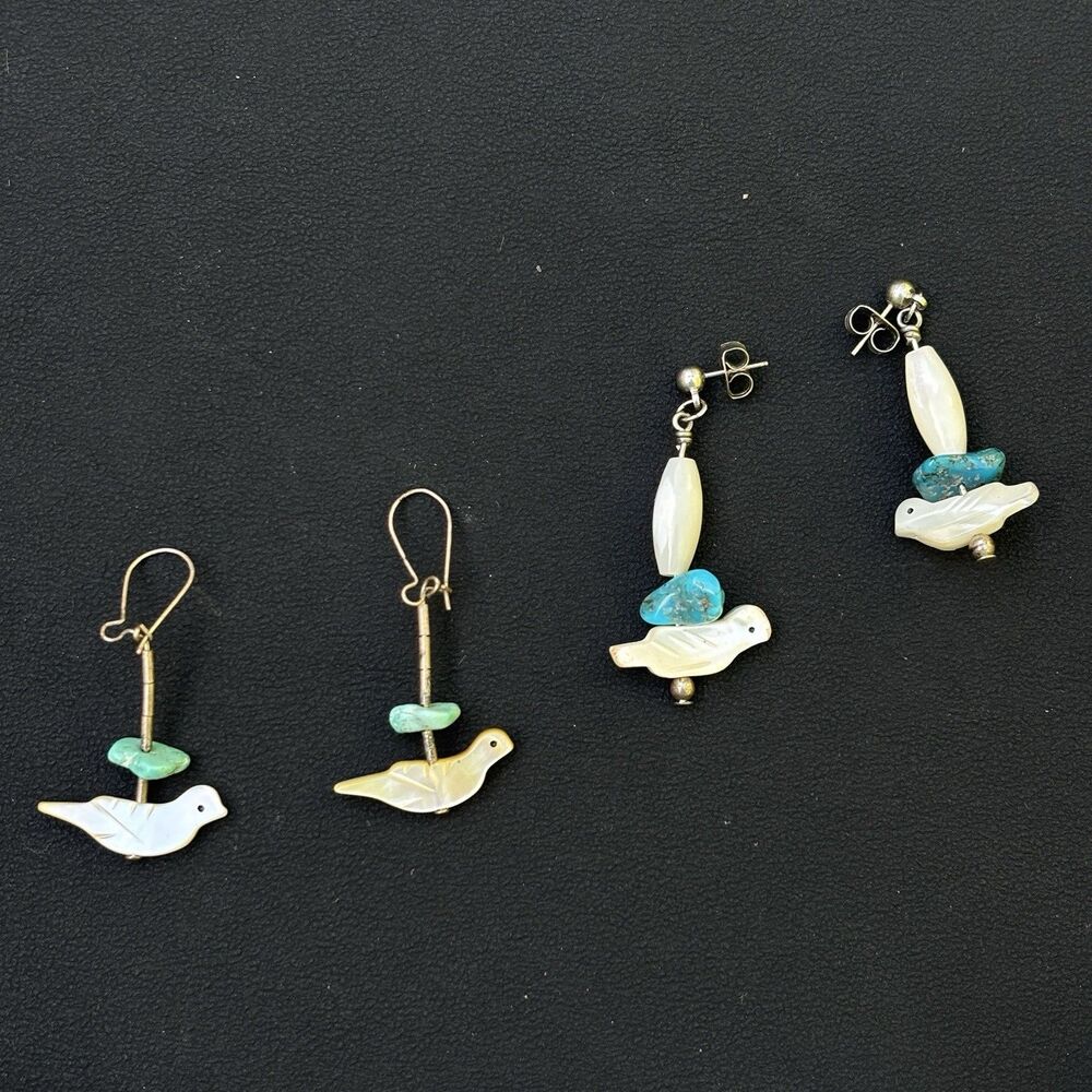 2 Pairs Vintage Sterling MOP Bird Earrings Turquoise Southwest Zuni Style